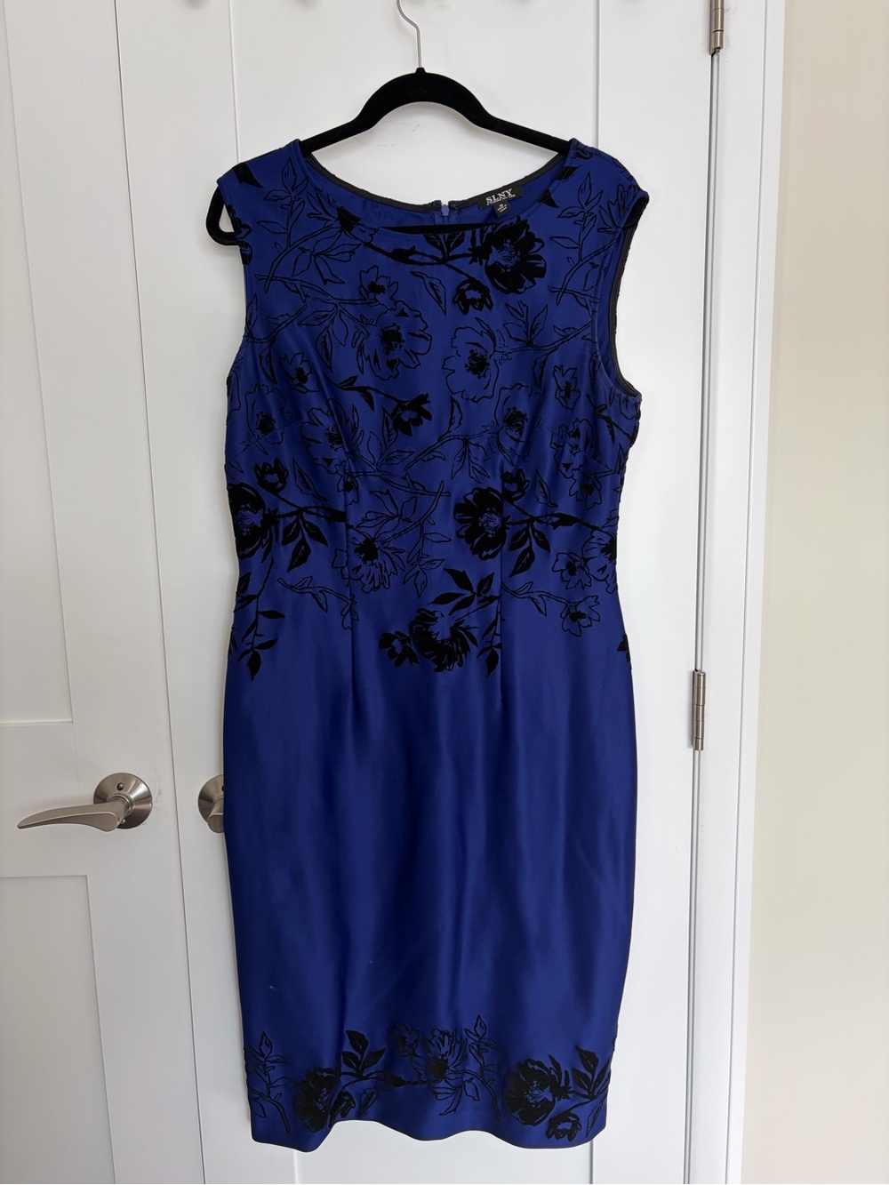 SLNY Royal Blue Midi Sheath Dress with Black Floral Detail